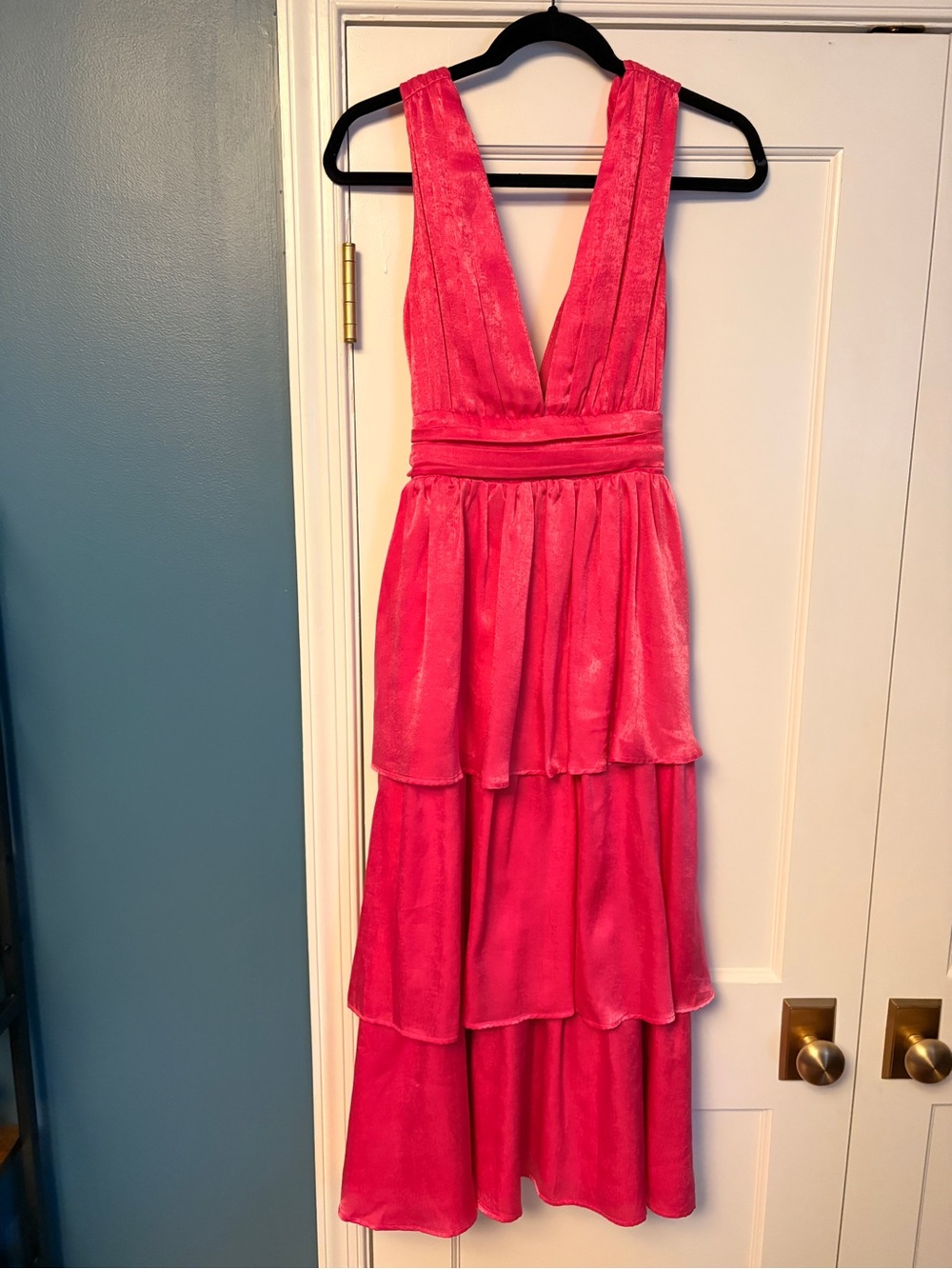 Lulu's Vibrant Pink Deep-V Tiered Midi Dress